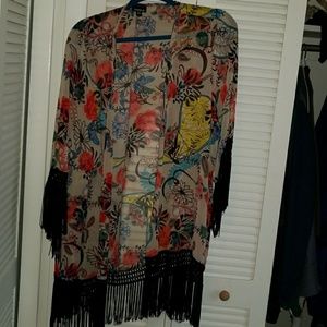 Floral fringe chiffon kimono